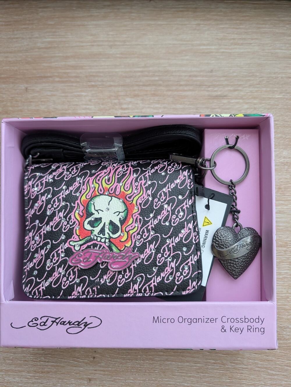 Ed Hardy Micro Black/Pink Skull Graphic Print Organizer Crossbody Zip Key Ring